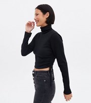 Pink Vanilla Black Ribbed Roll Neck Ruched Crop Top